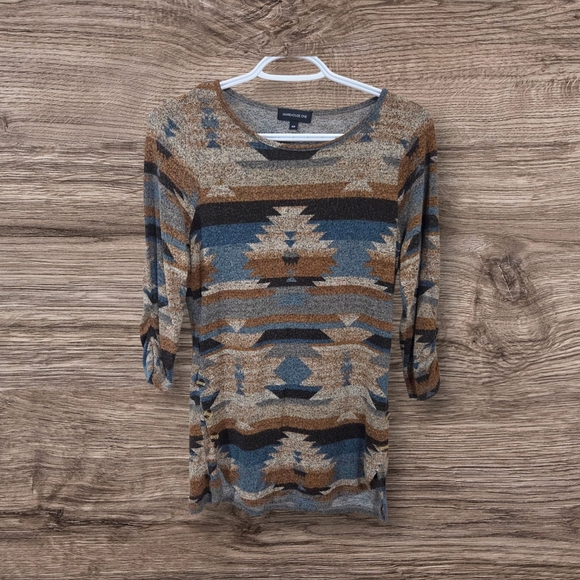 ⭐️Warehouse One Patterned Long Sleeve Top - Blue and Brown Size Small - Picture 1 of 5